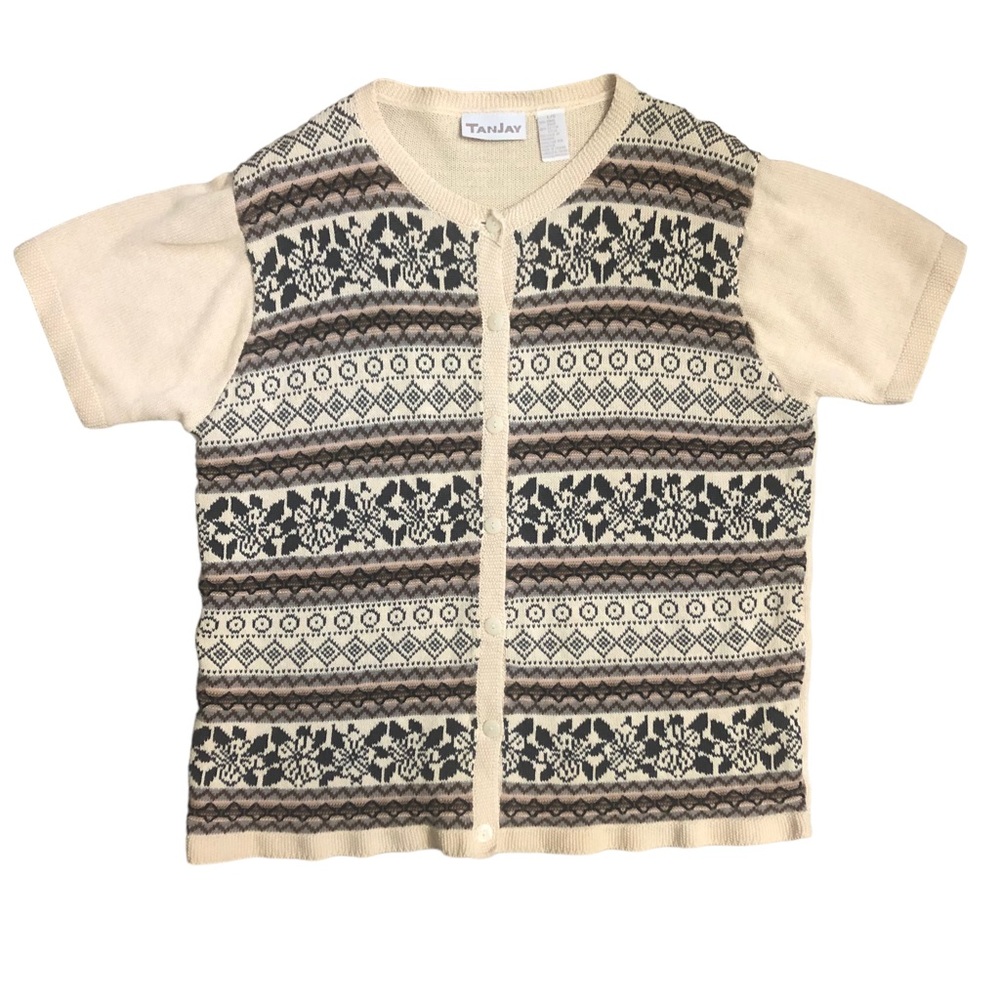 Vintage TanJay Knit Cardigan Sweater - Size Large - geometric and flower designs - Picture 1 of 6